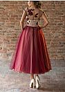 Tea Length Burgundy and Champagne Tulle Prom Dresses