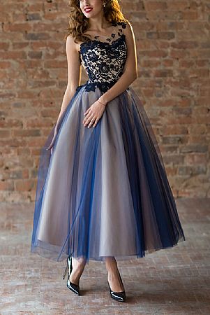 Princess A-line Blue and Champagne Tulle Prom Dresses
