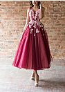 Short Burgundy Tulle Prom Dresses with White Appliques