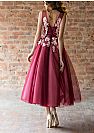 Short Burgundy Tulle Prom Dresses with White Appliques