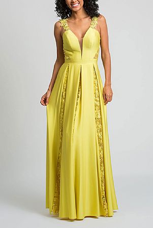 Stunning Yellow Prom Dresses Open Back with Lace Appliques