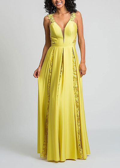 Stunning Yellow Prom Dresses Open Back with Lace Appliques