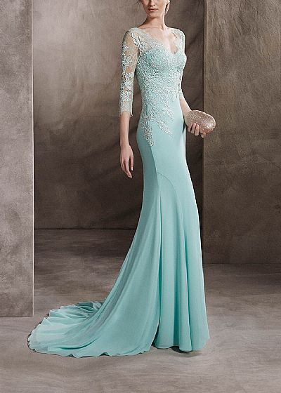 Gorgeous Blue Evening Dresses Double V-Neck 3/4 Sleeves