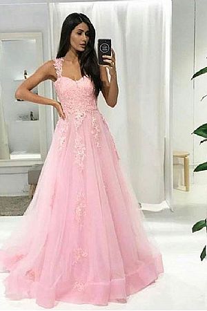 2018 Pink Appliqued Prom Evening Dresses with Straps