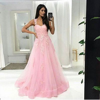 2018 Pink Appliqued Prom Evening Dresses with Straps