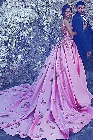 Stunning Pink Embroidered Prom Dress with Long Train