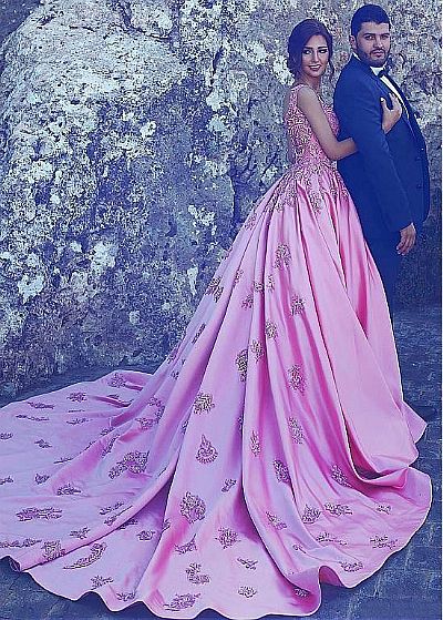 Stunning Pink Embroidered Prom Dress with Long Train