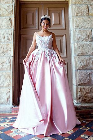 Gorgeous Pink Ball Gowns with White Appliques & Straps