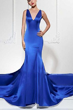 Royal Blue Mermaid Prom Dresses with Insert Sheer Applique