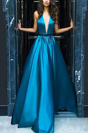 Fabulous Backless Blue Evening Dresses with Illusion Deep V-Neck