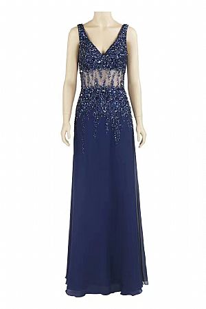 Sparkly Beaded Navy Blue Evening Dresses with Double V-Neck