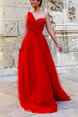 Red One Shoulder Evening Dresses Formal Gowns for Women