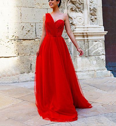 Red One Shoulder Evening Dresses Formal Gowns for Women