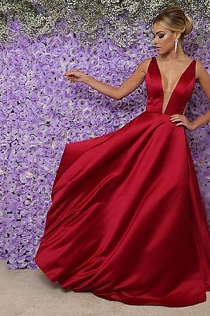 Stunning Red Satin Evening Dresses with Illusion Deep V-Neck