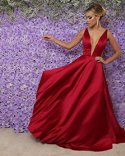 Stunning Red Satin Evening Dresses with Illusion Deep V-Neck