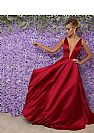 Stunning Red Satin Evening Dresses with Illusion Deep V-Neck