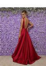 Stunning Red Satin Evening Dresses with Illusion Deep V-Neck