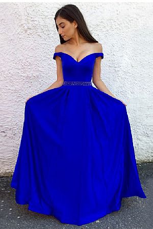 Royal Blue Off the Shoulder Evening Dresses with Beaded Sash