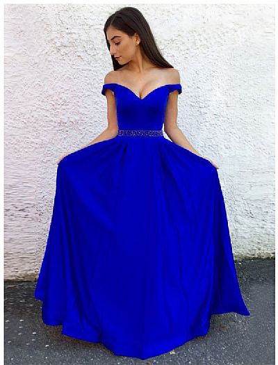 Royal Blue Off the Shoulder Evening Dresses with Beaded Sash