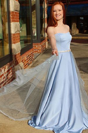 Strapless Light Blue Evening Dresses with Dotted Tulle Skirt