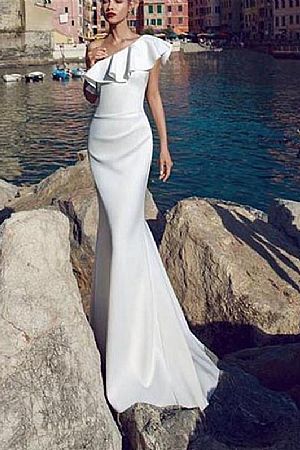 White Flounced One Shoulder Mermaid Evening Dresses