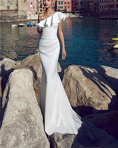 White Flounced One Shoulder Mermaid Evening Dresses