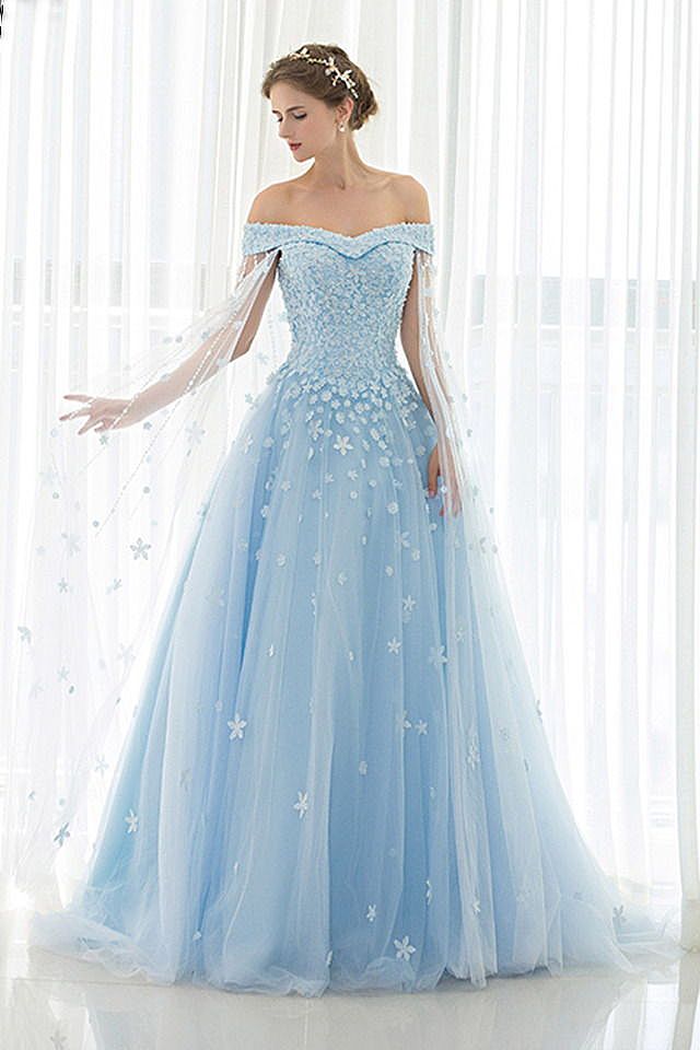 Light Blue Floral Beaded Cape Prom Dress