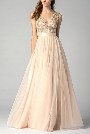 Champagne Tulle Evening Gowns with Floral Appliqued Top