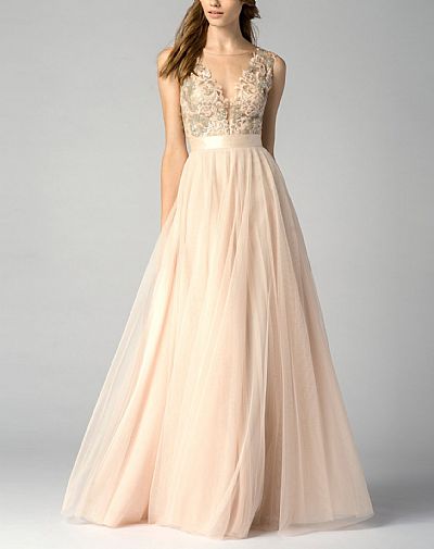 Champagne Tulle Evening Gowns with Floral Appliqued Top