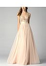 Champagne Tulle Evening Gowns with Floral Appliqued Top