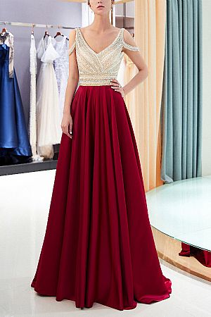 Off the Shoulder Beaded Burgundy Evening Dresses