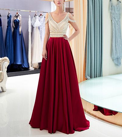 Off the Shoulder Beaded Burgundy Evening Dresses