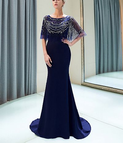 Sparkling Beaded Evening Dresses with Cape Sleeves