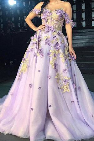 Princess Off the Shoulder Lavender Ball Gowns with Floral Applique