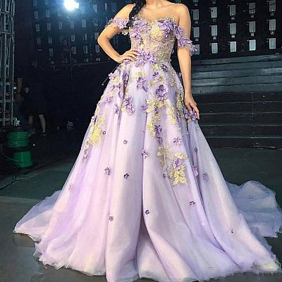 Princess Off the Shoulder Lavender Ball Gowns with Floral Applique