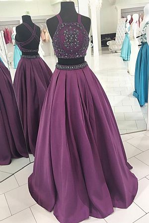 Two Pieces Grape Crystal Beaded Bodice Prom Dresses