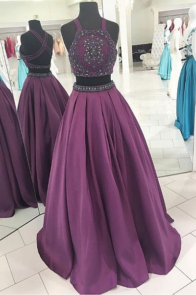 Two Pieces Grape Crystal Beaded Bodice Prom Dresses