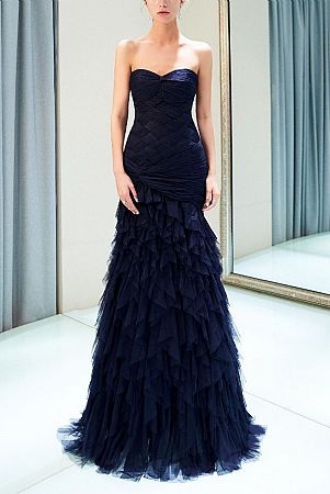 Strapless Ruched Navy Blue Evening Dresses with Ruffles