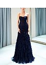 Strapless Ruched Navy Blue Evening Dresses with Ruffles