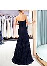 Strapless Ruched Navy Blue Evening Dresses with Ruffles