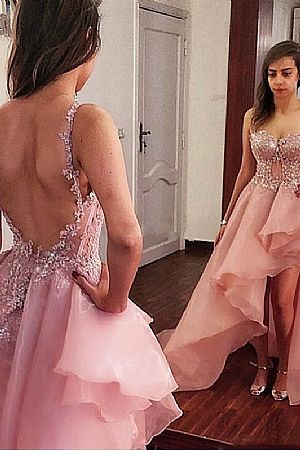 Blush Hi-low Prom Dresses Backless with Spaghetti Straps