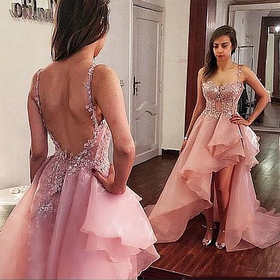 Blush Hi-low Prom Dresses Backless with Spaghetti Straps