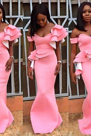 Off the Shoulder Flouncing Pink Mermaid Evening Dresses