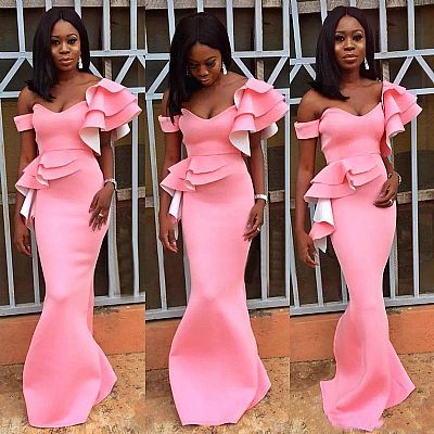 Off the Shoulder Flouncing Pink Mermaid Evening Dresses