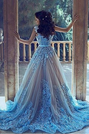 Blue Floral Appliqued Prom Dress with Chapel Train