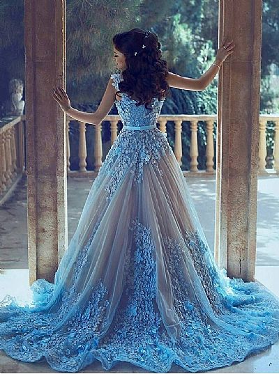 Blue Floral Appliqued Prom Dress with Chapel Train