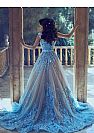 Blue Floral Appliqued Prom Dress with Chapel Train