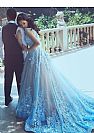 Blue Floral Appliqued Prom Dress with Chapel Train