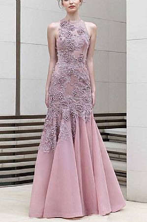 Shining Pink Crystal Beaded Evening Dresses with Grey Applique