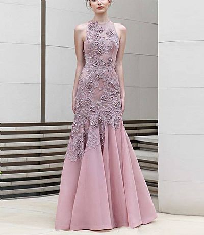 Shining Pink Crystal Beaded Evening Dresses with Grey Applique